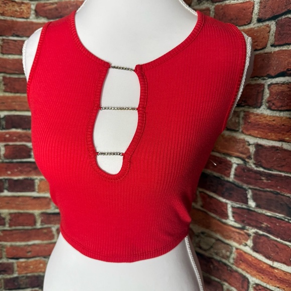 Tops - Red Sleeveless Top with Chain Detail